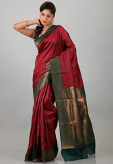 Red with Rama Green Border Ikkat Silk Saree With Blouse Piece - Adi Akshoy & Co.
