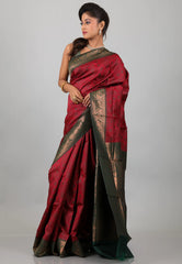 Red with Rama Green Border Ikkat Silk Saree With Blouse Piece - Adi Akshoy & Co.