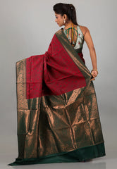 Red with Rama Green Border Ikkat Silk Saree With Blouse Piece - Adi Akshoy & Co.