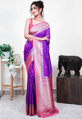 Purple with Rani Pink Border Mashru Silk Saree with Blouse Piece - Adi Akshoy & Co.