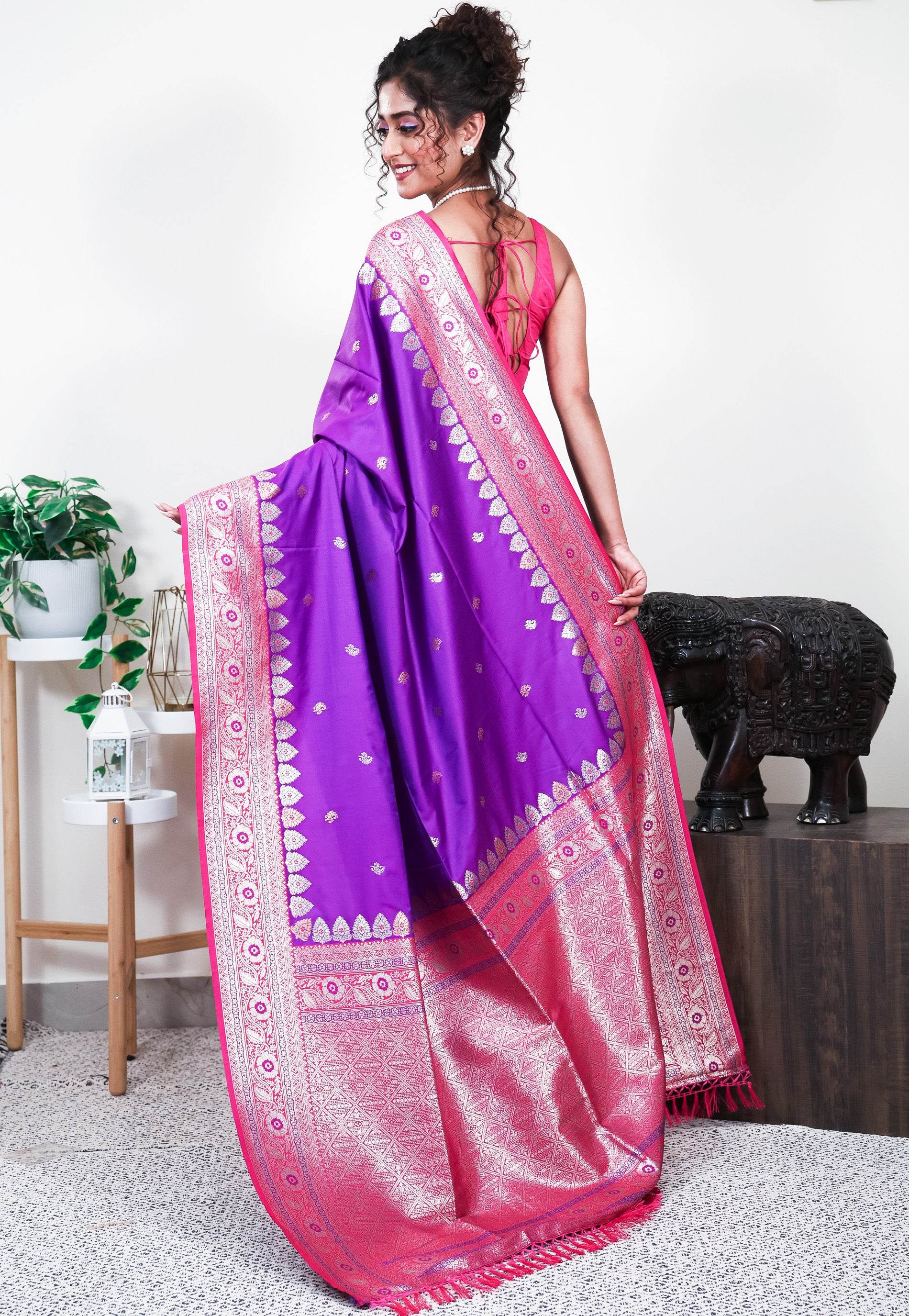 Purple with Rani Pink Border Mashru Silk Saree with Blouse Piece - Adi Akshoy & Co.