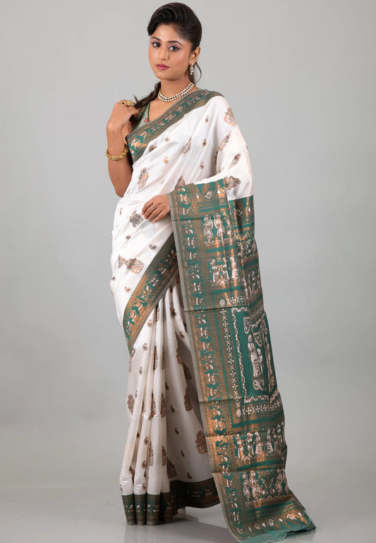 White Baluchari Silk Saree with Blouse Piece - Adi Akshoy & Co.