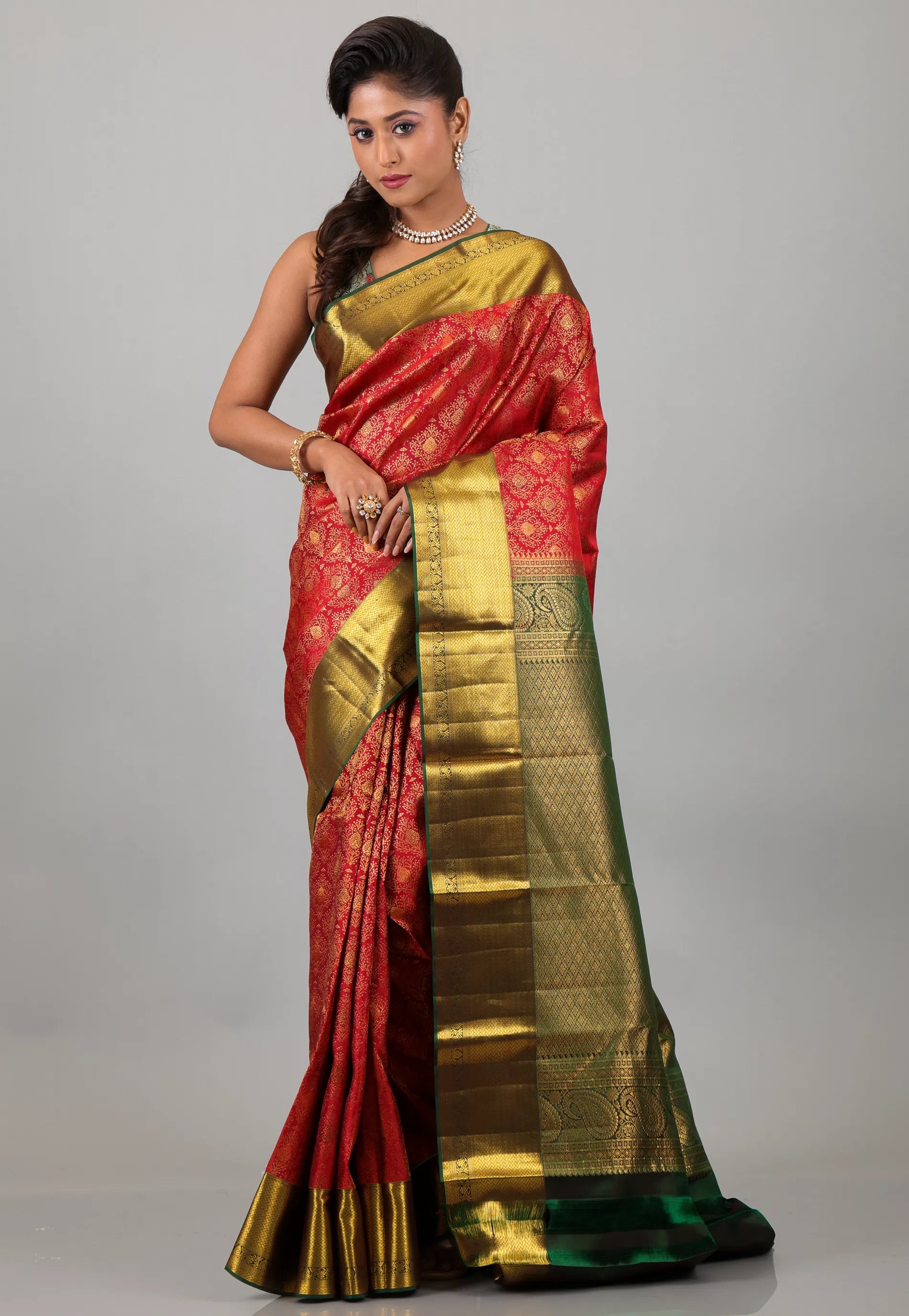 Red with Golden Rama Green Pure Kanjivaram Silk Saree With Blouse Piece - Adi Akshoy & Co.