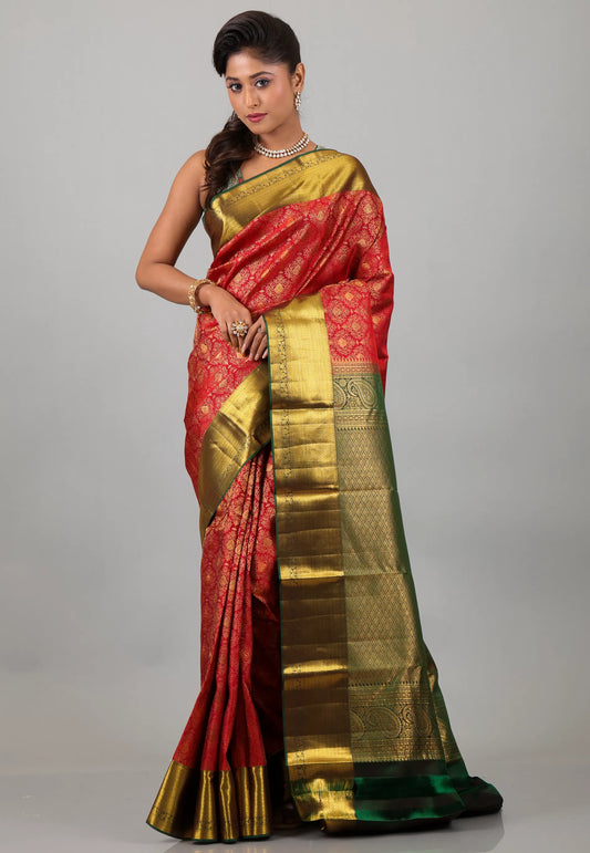 Red with Golden Rama Green Pure Kanjivaram Silk Saree With Blouse Piece - Adi Akshoy & Co.