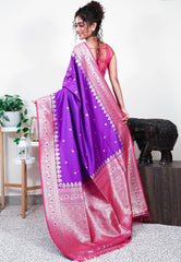 Purple with Rani Pink Border Mashru Silk Saree with Blouse Piece - Adi Akshoy & Co.