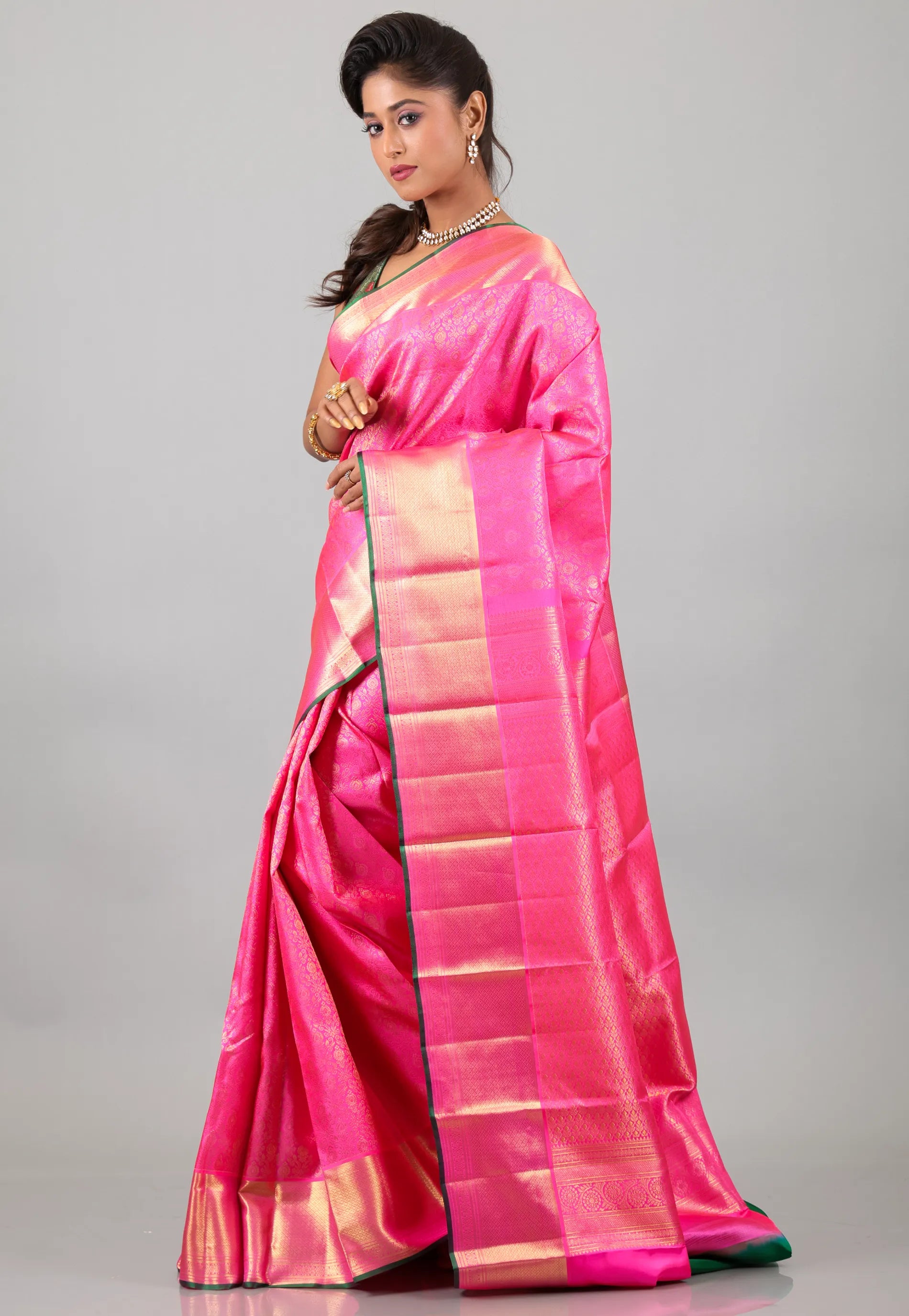 Pink with Golden Border Pure Kanjivaram Silk Saree With Blouse Piece - Adi Akshoy & Co.
