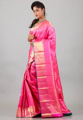 Pink with Golden Border Pure Kanjivaram Silk Saree With Blouse Piece - Adi Akshoy & Co.