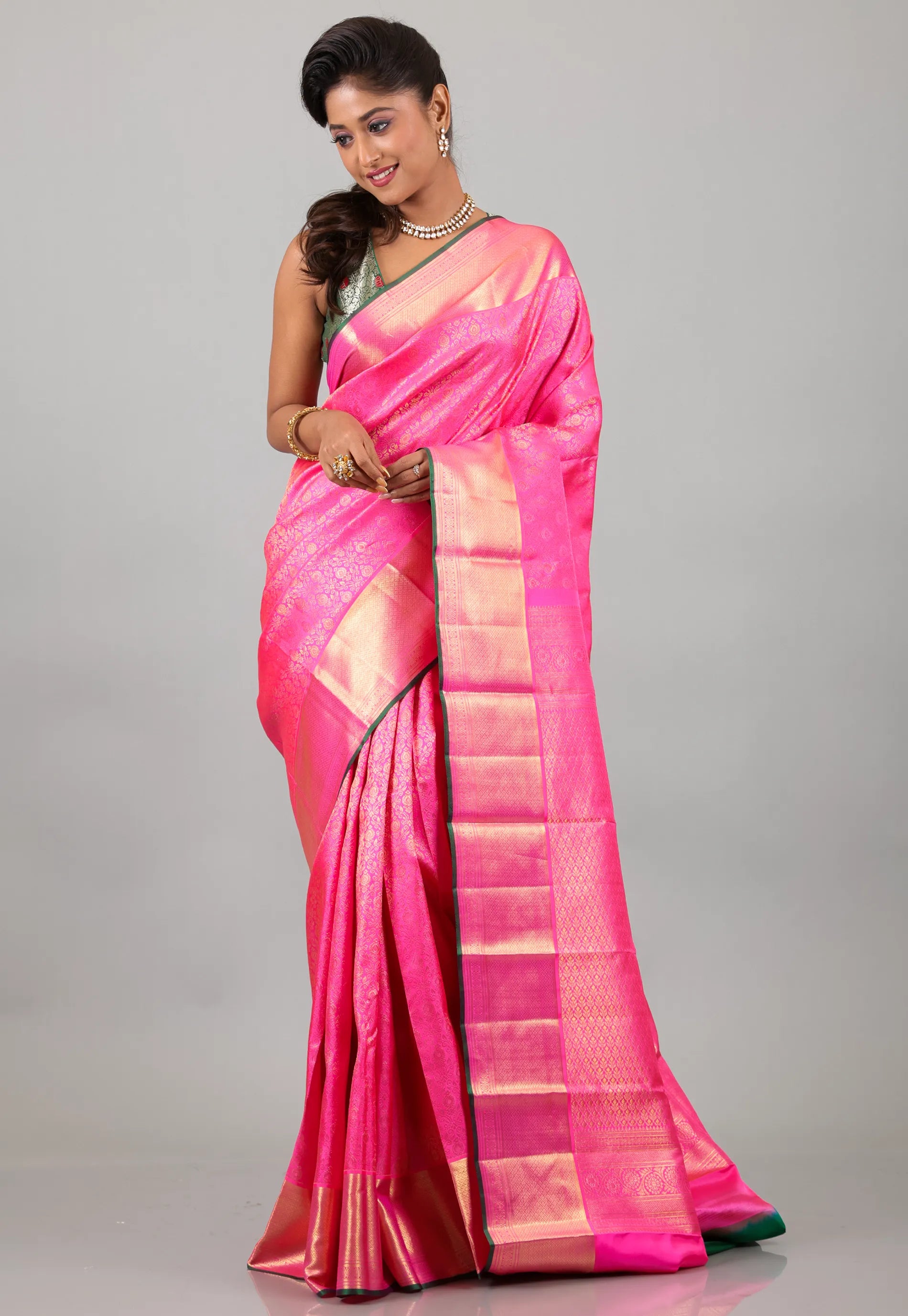 Pink with Golden Border Pure Kanjivaram Silk Saree With Blouse Piece - Adi Akshoy & Co.