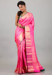Pink with Golden Border Pure Kanjivaram Silk Saree With Blouse Piece - Adi Akshoy & Co.