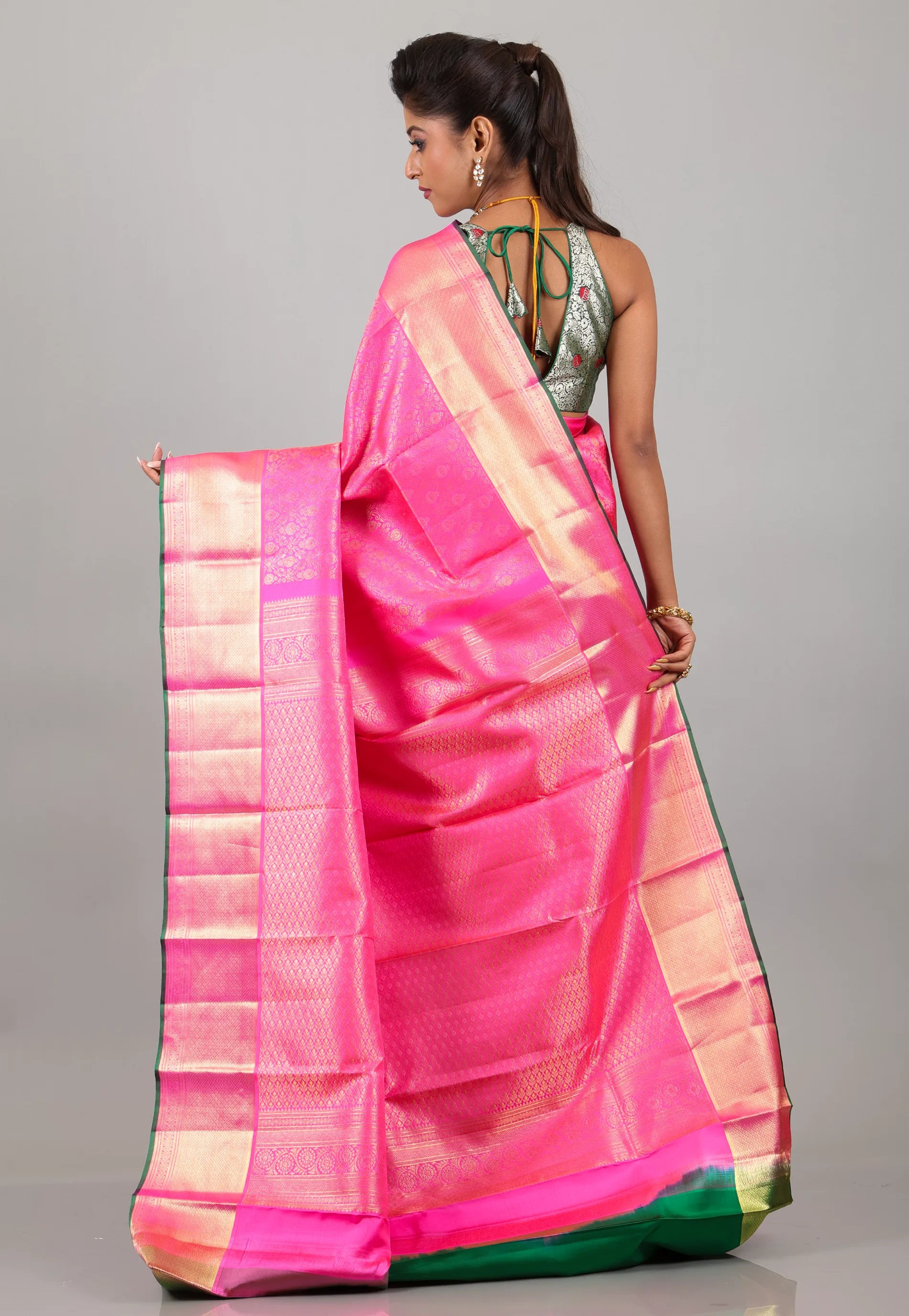 Pink with Golden Border Pure Kanjivaram Silk Saree With Blouse Piece - Adi Akshoy & Co.