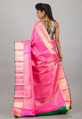 Pink with Golden Border Pure Kanjivaram Silk Saree With Blouse Piece - Adi Akshoy & Co.