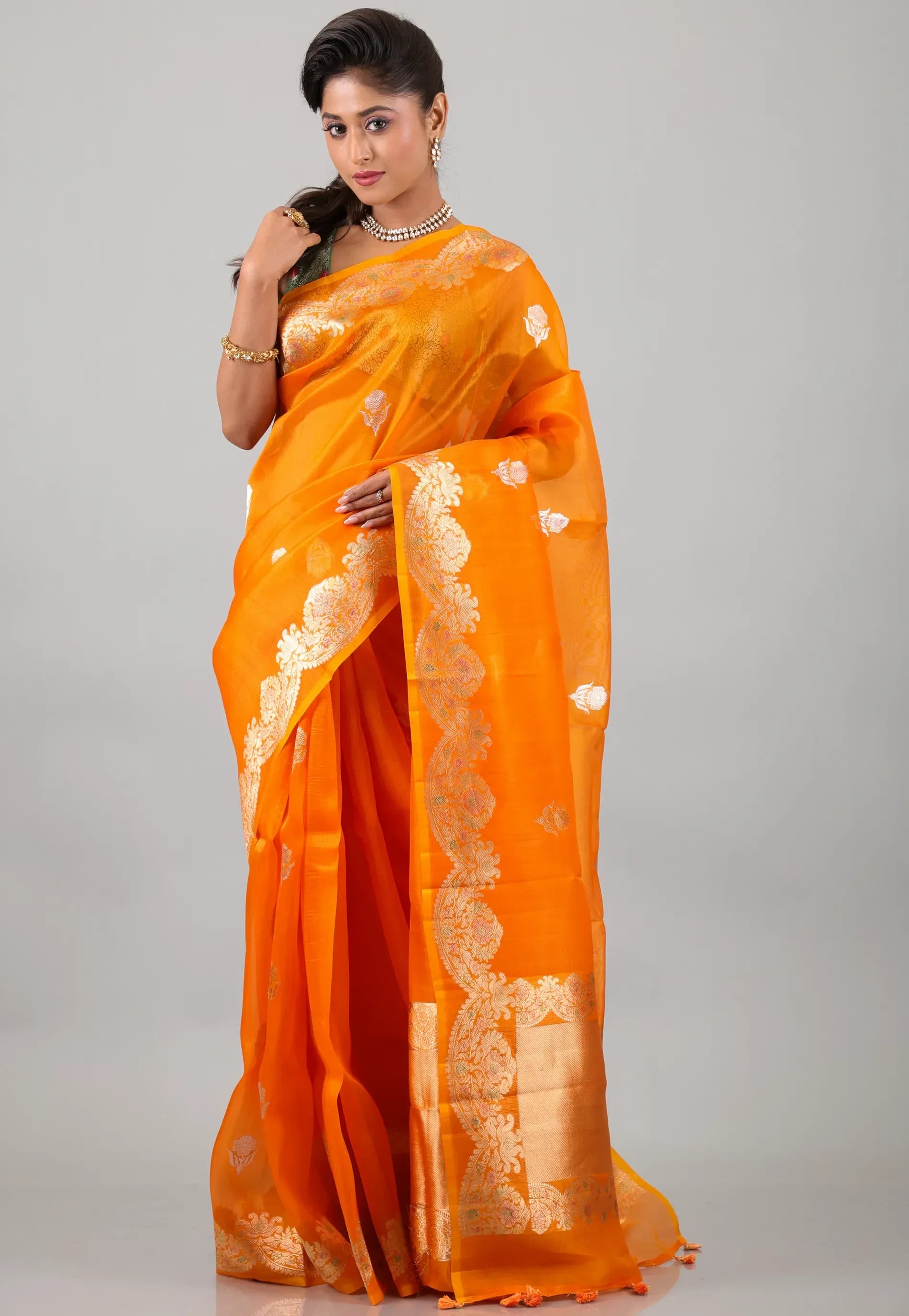 Mustard Yellow Pure Kora Silk Saree With Blouse Piece - Adi Akshoy & Co.