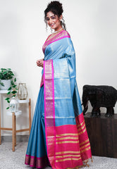 Feroza Blue with Rani Pink Border Tissue Silk Saree with Blouse Piece - Adi Akshoy & Co.