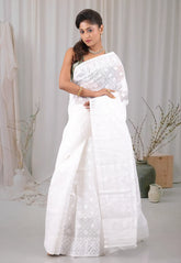 White Dhakai Jamdani Cotton Saree without Blouse Piece - Adi Akshoy & Co.