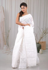 White Dhakai Jamdani Cotton Saree without Blouse Piece - Adi Akshoy & Co.