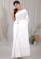 White Dhakai Jamdani Cotton Saree without Blouse Piece - Adi Akshoy & Co.