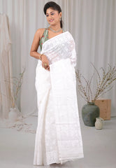 White Dhakai Jamdani Cotton Saree without Blouse Piece - Adi Akshoy & Co.