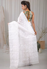 White Dhakai Jamdani Cotton Saree without Blouse Piece - Adi Akshoy & Co.