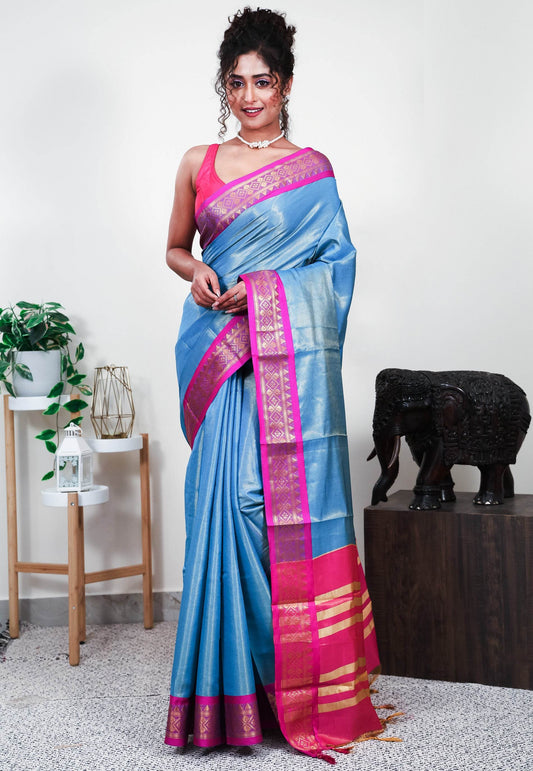 Feroza Blue with Rani Pink Border Tissue Silk Saree with Blouse Piece - Adi Akshoy & Co.