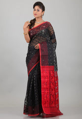 Black with Red Anchal Dhakai Jamdani Cotton Saree without Blouse Piece - Adi Akshoy & Co.