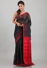 Black with Red Anchal Dhakai Jamdani Cotton Saree without Blouse Piece - Adi Akshoy & Co.