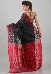 Black with Red Anchal Dhakai Jamdani Cotton Saree without Blouse Piece - Adi Akshoy & Co.