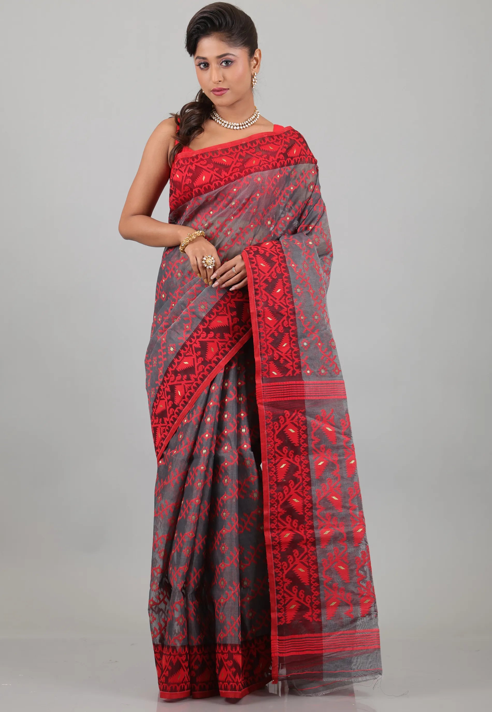 Grey with Red Border Dhakai Jamdani Cotton Saree without Blouse Piece - Adi Akshoy & Co.
