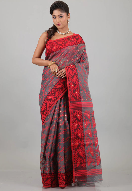 Grey with Red Border Dhakai Jamdani Cotton Saree without Blouse Piece - Adi Akshoy & Co.