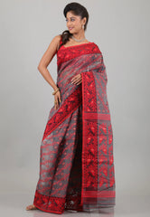 Grey with Red Border Dhakai Jamdani Cotton Saree without Blouse Piece - Adi Akshoy & Co.
