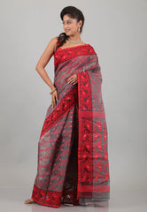 Grey with Red Border Dhakai Jamdani Cotton Saree without Blouse Piece - Adi Akshoy & Co.