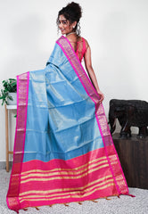 Feroza Blue with Rani Pink Border Tissue Silk Saree with Blouse Piece - Adi Akshoy & Co.