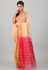 Peach with Red Anchal Dhakai Jamdani Cotton Saree without Blouse Piece - Adi Akshoy & Co.