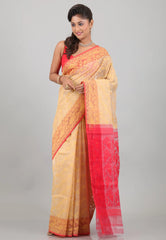 Peach with Red Anchal Dhakai Jamdani Cotton Saree without Blouse Piece - Adi Akshoy & Co.