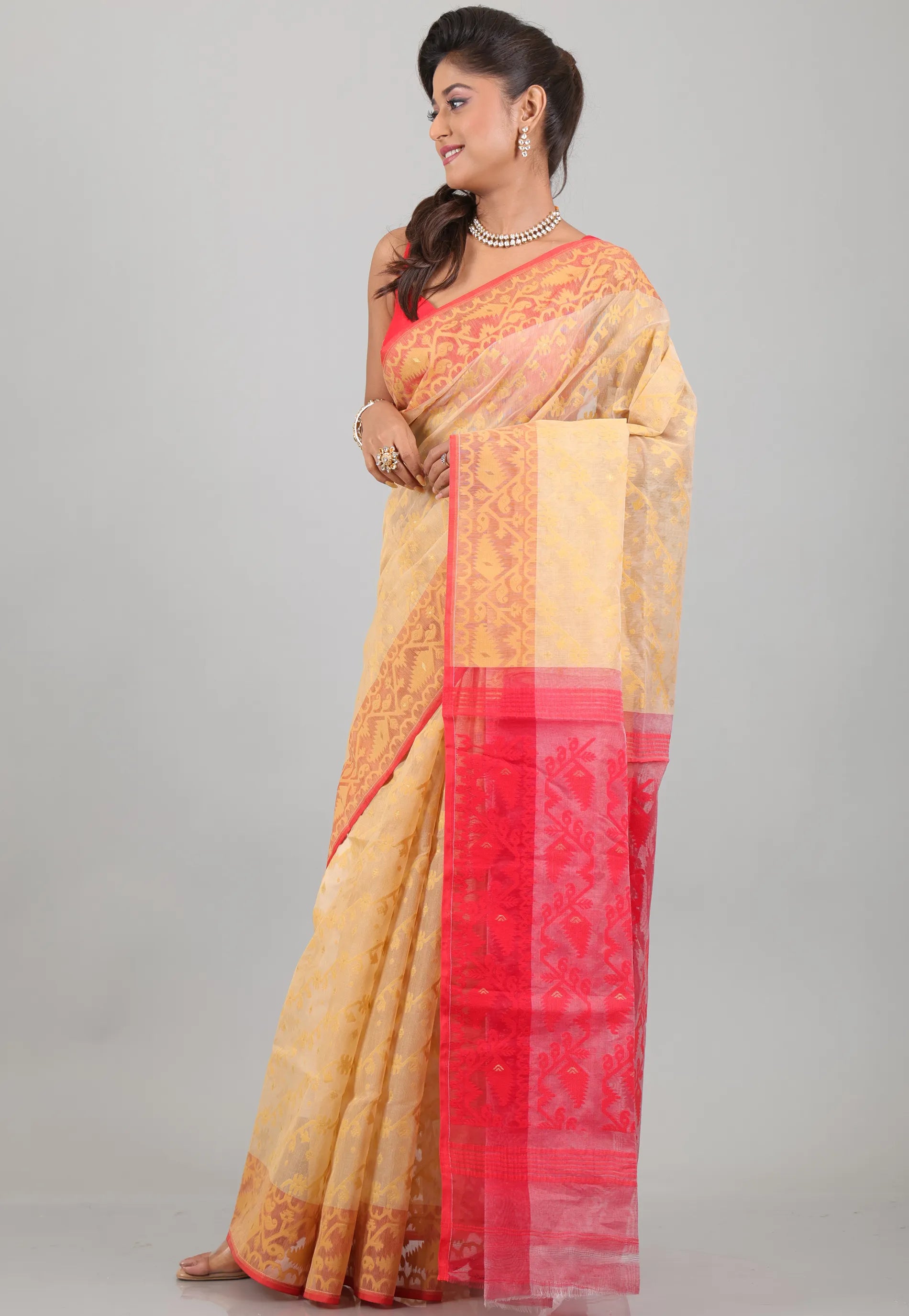 Peach with Red Anchal Dhakai Jamdani Cotton Saree without Blouse Piece - Adi Akshoy & Co.