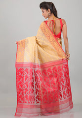 Peach with Red Anchal Dhakai Jamdani Cotton Saree without Blouse Piece - Adi Akshoy & Co.