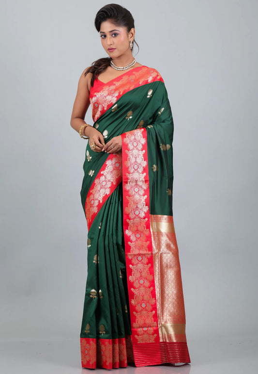 Bottle Green Katan Silk Saree With Blouse Piece - Adi Akshoy & Co.