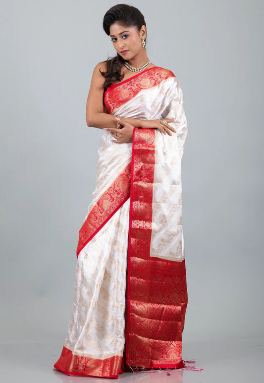 White with Red Border Pure Tussar Silk Saree with Blouse Piece