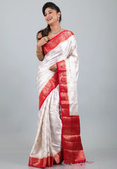 White with Red Border Pure Tussar Silk Saree with Blouse Piece