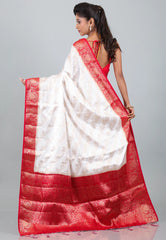 White with Red Border Pure Tussar Silk Saree with Blouse Piece