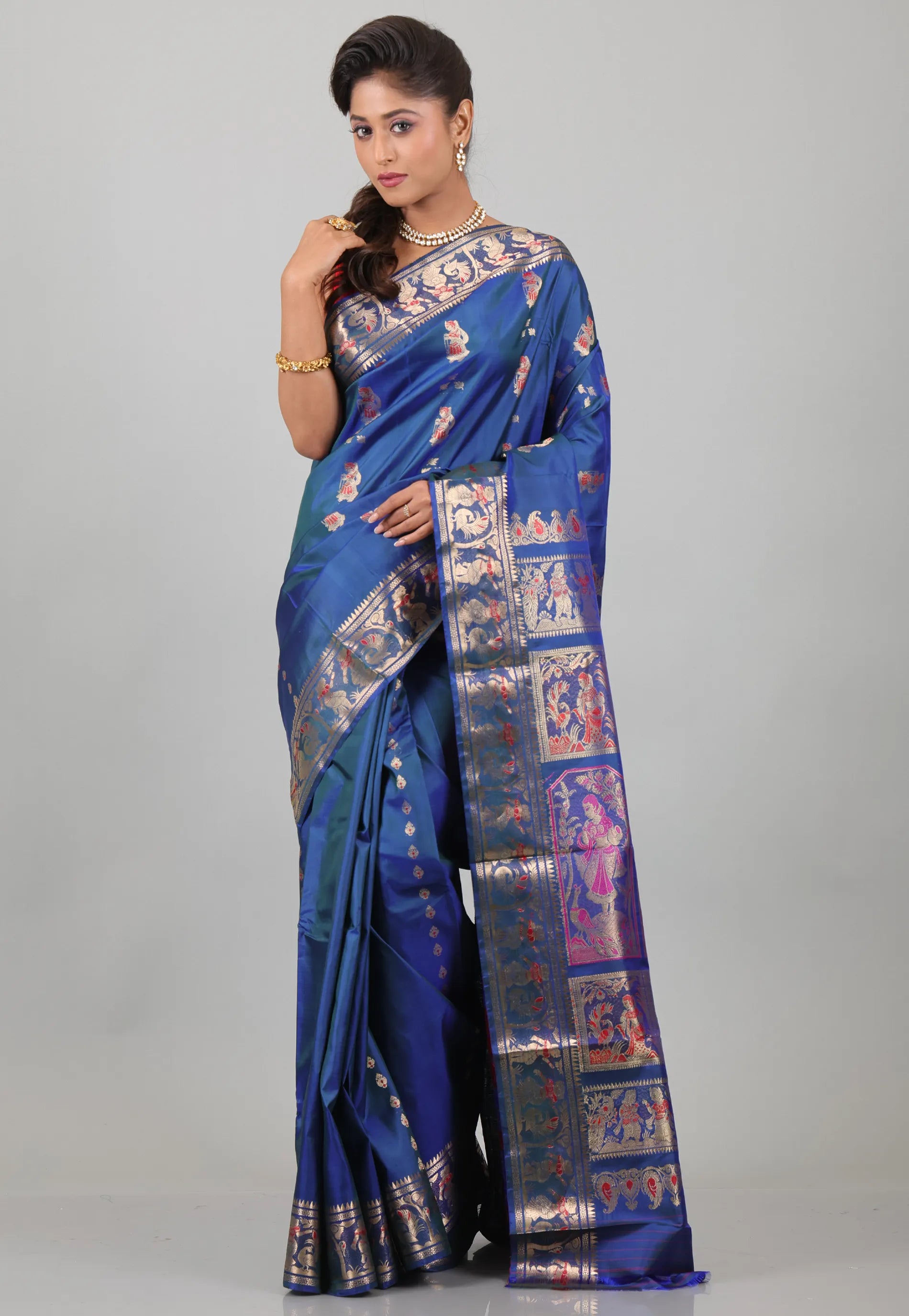 Dual Shades of Blue Pure Baluchari Silk Saree with Blouse Piece - Adi Akshoy & Co.