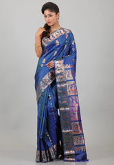 Dual Shades of Blue Pure Baluchari Silk Saree with Blouse Piece - Adi Akshoy & Co.