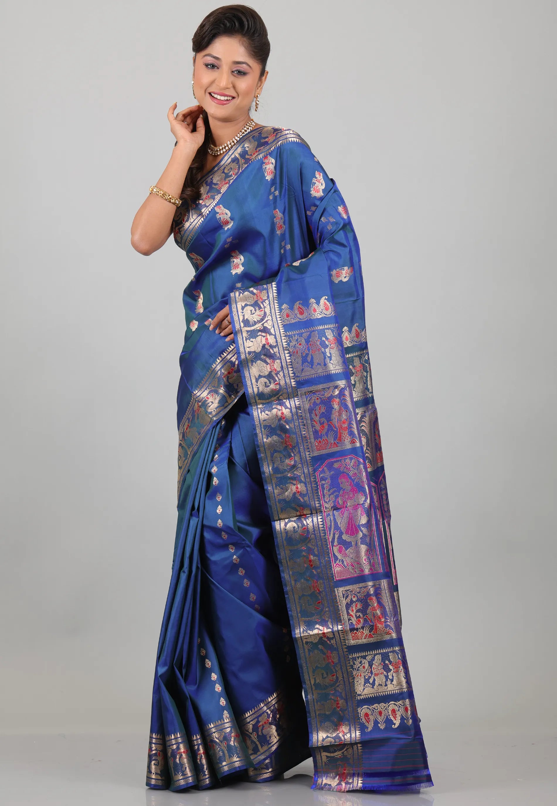 Dual Shades of Blue Pure Baluchari Silk Saree with Blouse Piece - Adi Akshoy & Co.