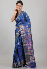 Dual Shades of Blue Pure Baluchari Silk Saree with Blouse Piece - Adi Akshoy & Co.