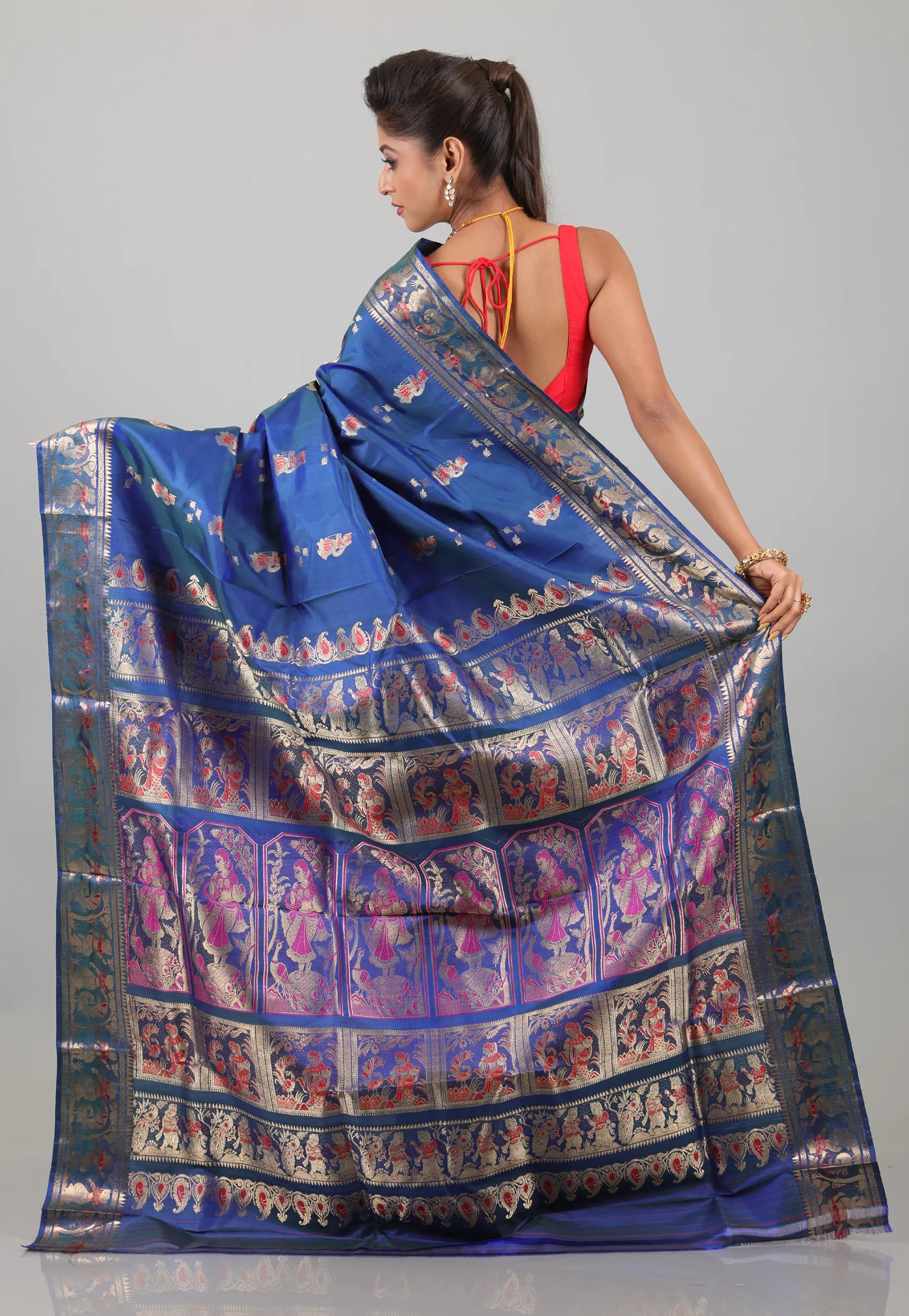 Dual Shades of Blue Pure Baluchari Silk Saree with Blouse Piece - Adi Akshoy & Co.