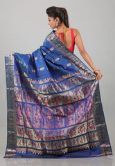 Dual Shades of Blue Pure Baluchari Silk Saree with Blouse Piece - Adi Akshoy & Co.