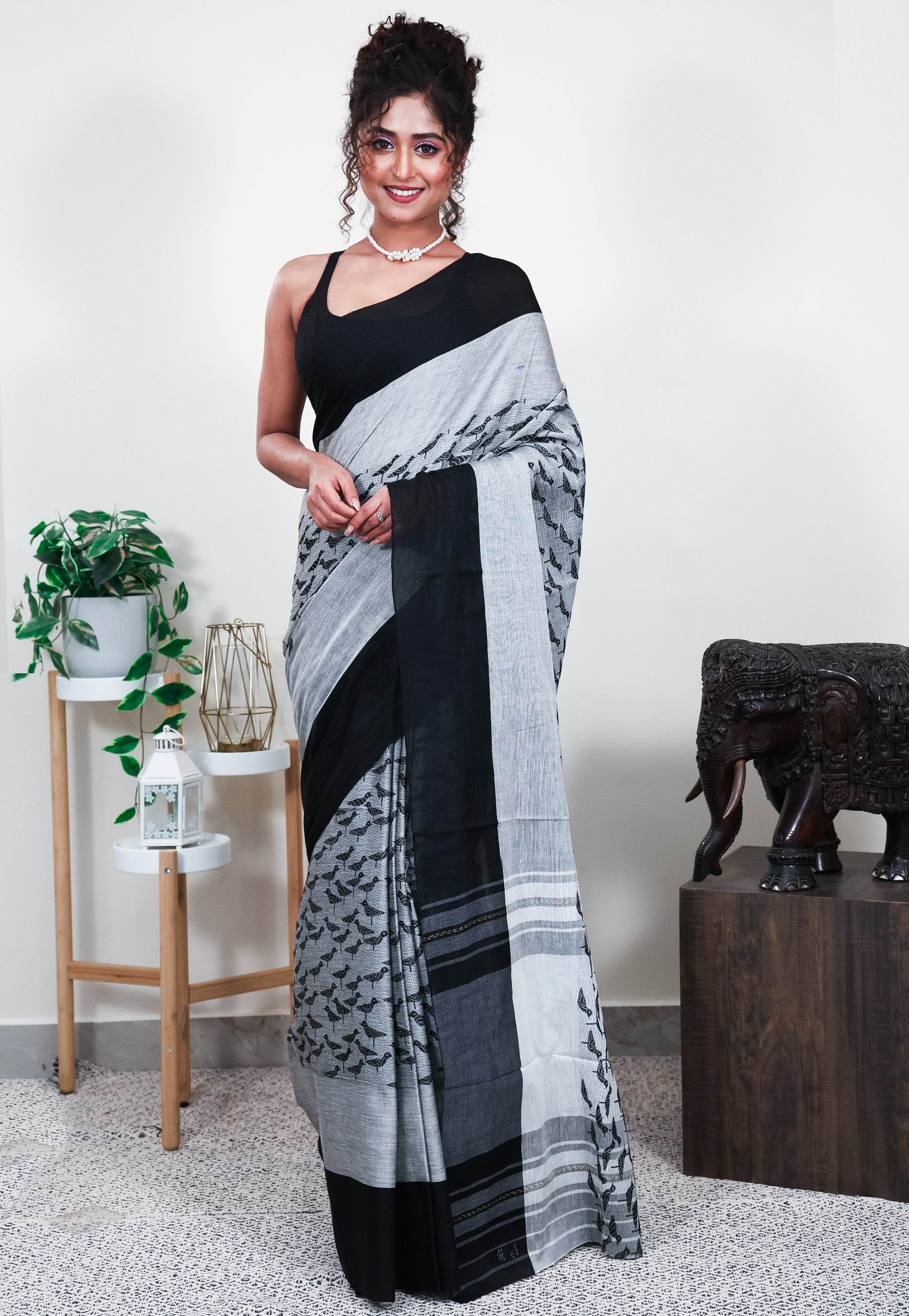 Grey Handloom Saree Without Blouse Piece - Adi Akshoy & Co.