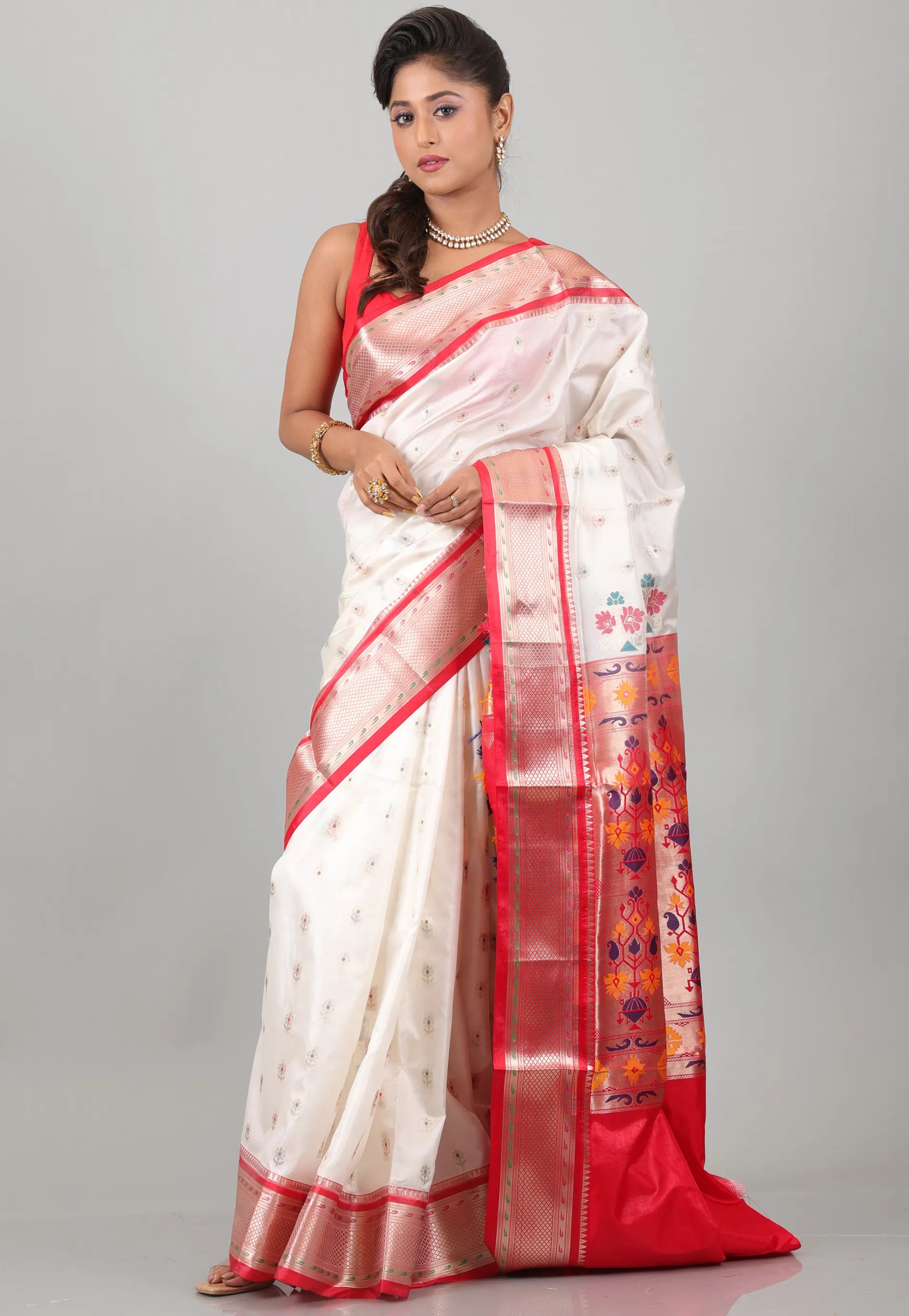 Off White with Red Border Katan Silk Saree With Blouse Piece - Adi Akshoy & Co.
