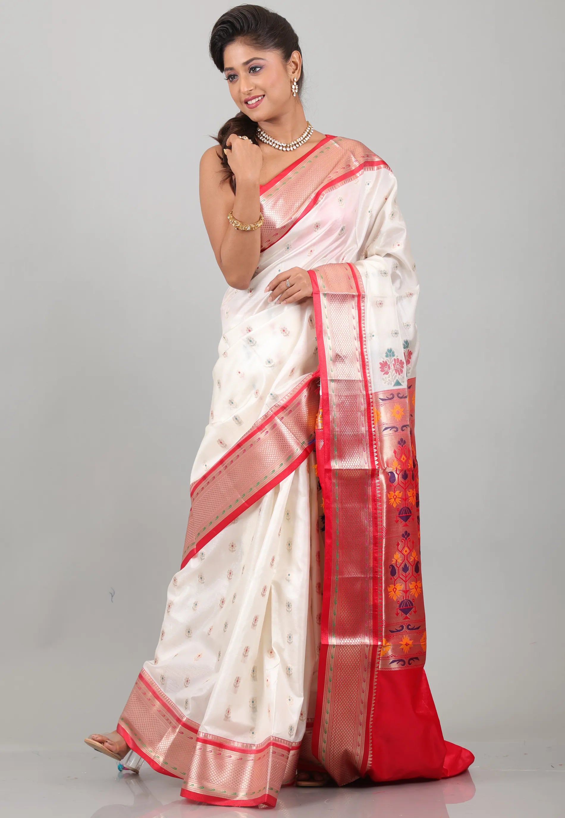 Off White with Red Border Katan Silk Saree With Blouse Piece - Adi Akshoy & Co.