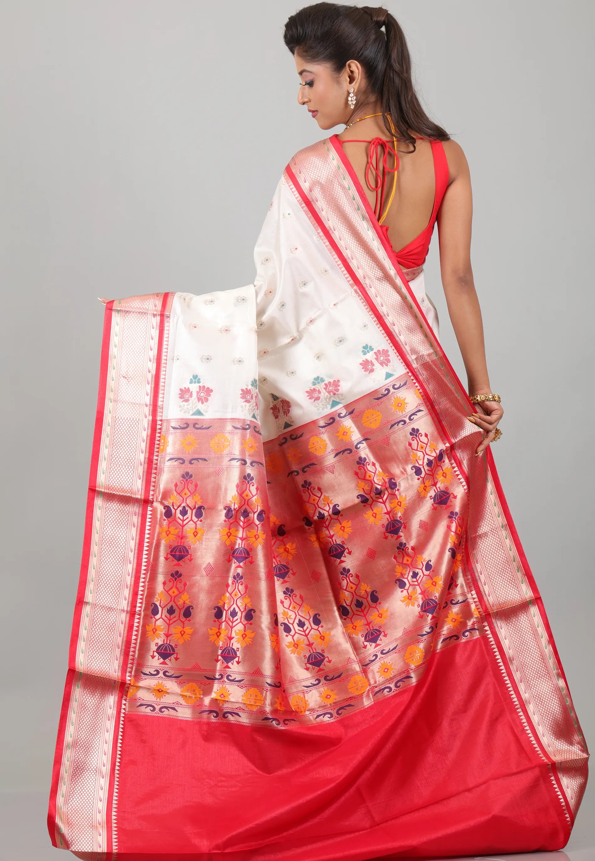 Off White with Red Border Katan Silk Saree With Blouse Piece - Adi Akshoy & Co.