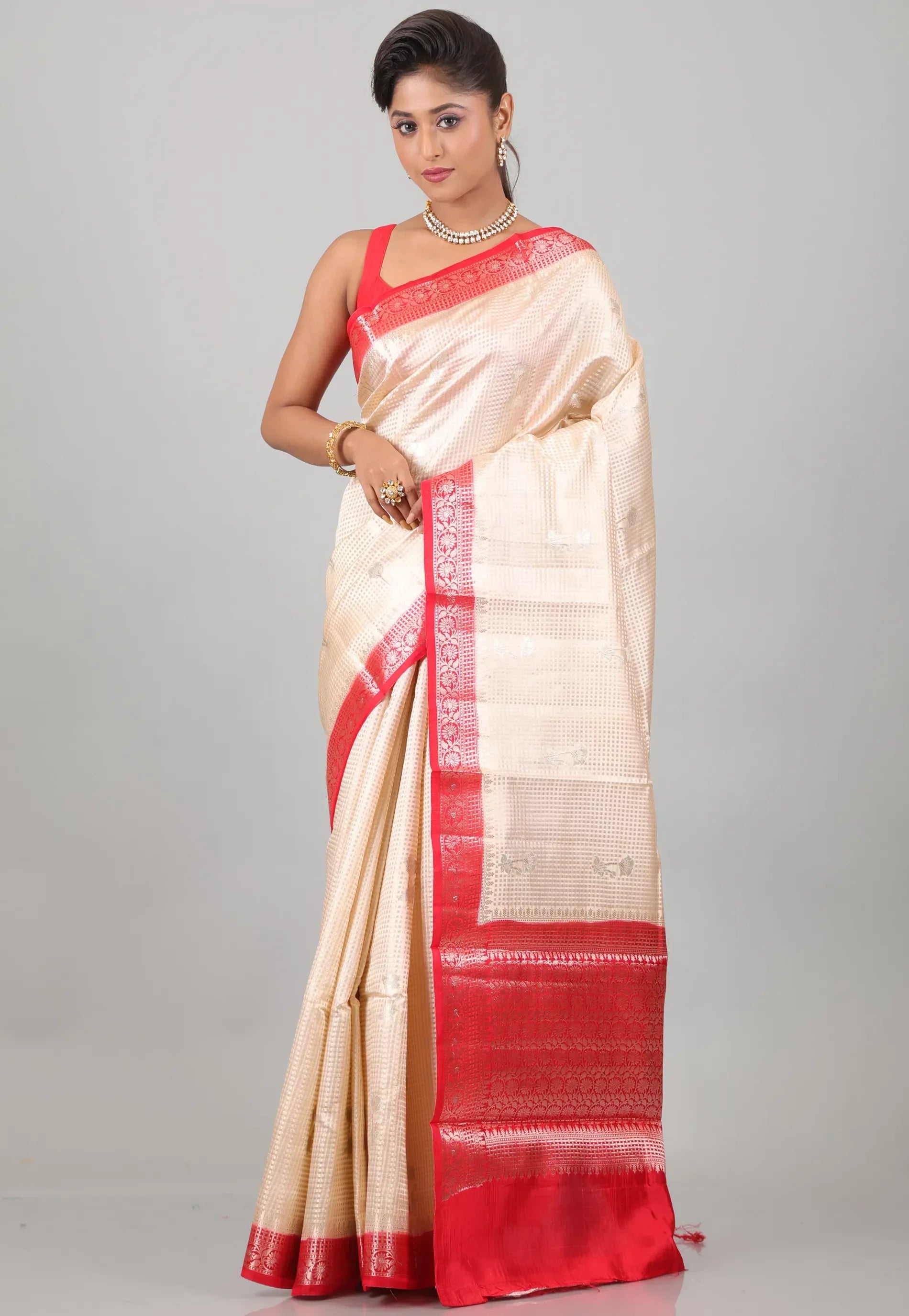 Beige with Red Border Pure Katan Silk Saree With Blouse Piece - Adi Akshoy & Co.
